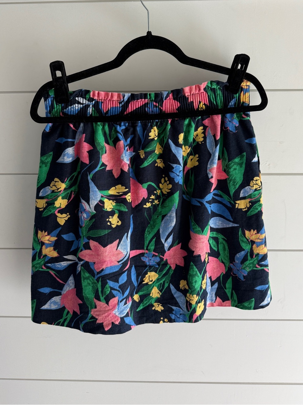 J. Crew Navy Floral Elastic-Waist Mini Skirt with Pink, Green & Yellow Print